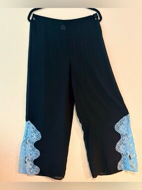 Black Sheer Wide Leg Cover Up Pants Blue Lace Trim Split Swim Resort Coastal